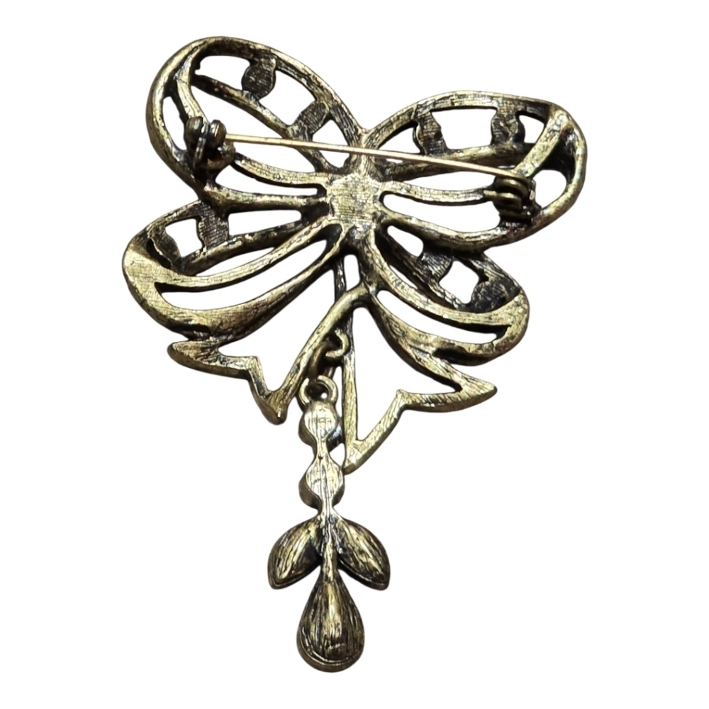 Bow Green Purple Crystal Dark Goldtone Vintage Brooch - Picture 3 of 3